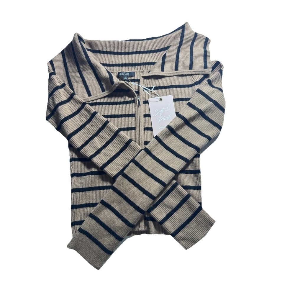 Love Tree Zip Up Sweater Womens Large Tan Black Striped Ribbed Knit Cardigan NWT